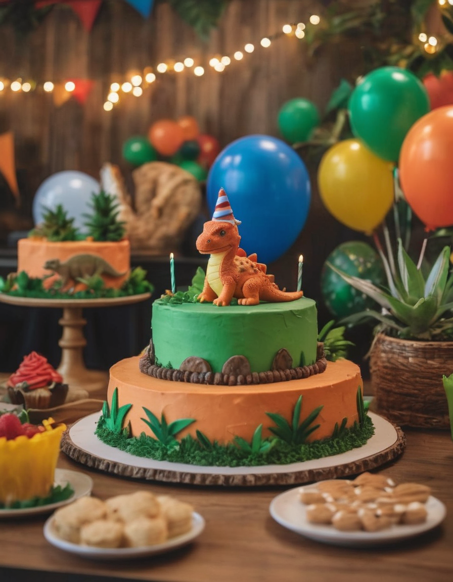 A handmade dinosaur birthday party table